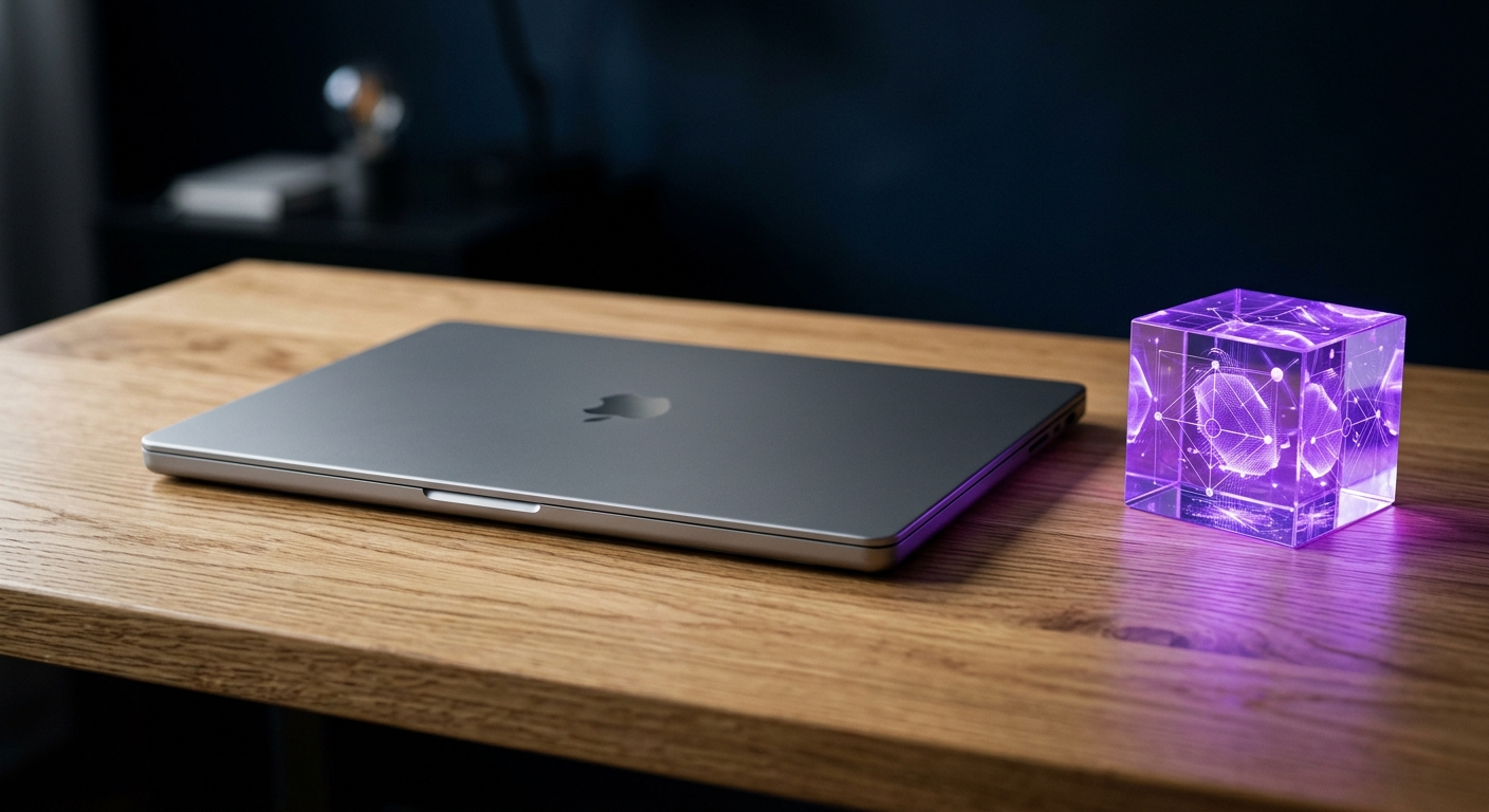 Закрытый MacBook с парящим фиолетовым кубом данных на аккуратном деревянном столе