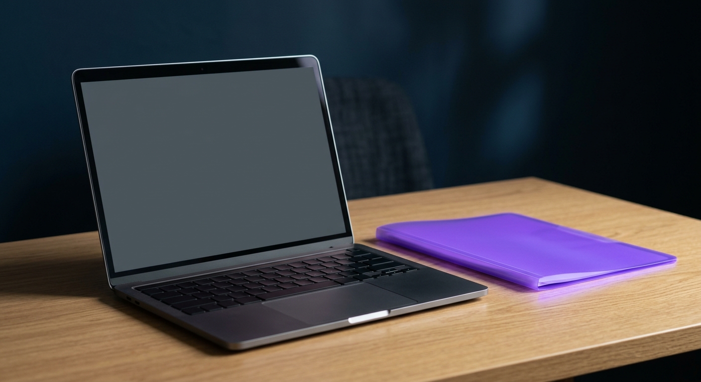 Открытый MacBook на чистом столе с светящимся фиолетовым файлом рядом Открытый MacBook на чистом столе с светящимся фиолетовым файлом рядом