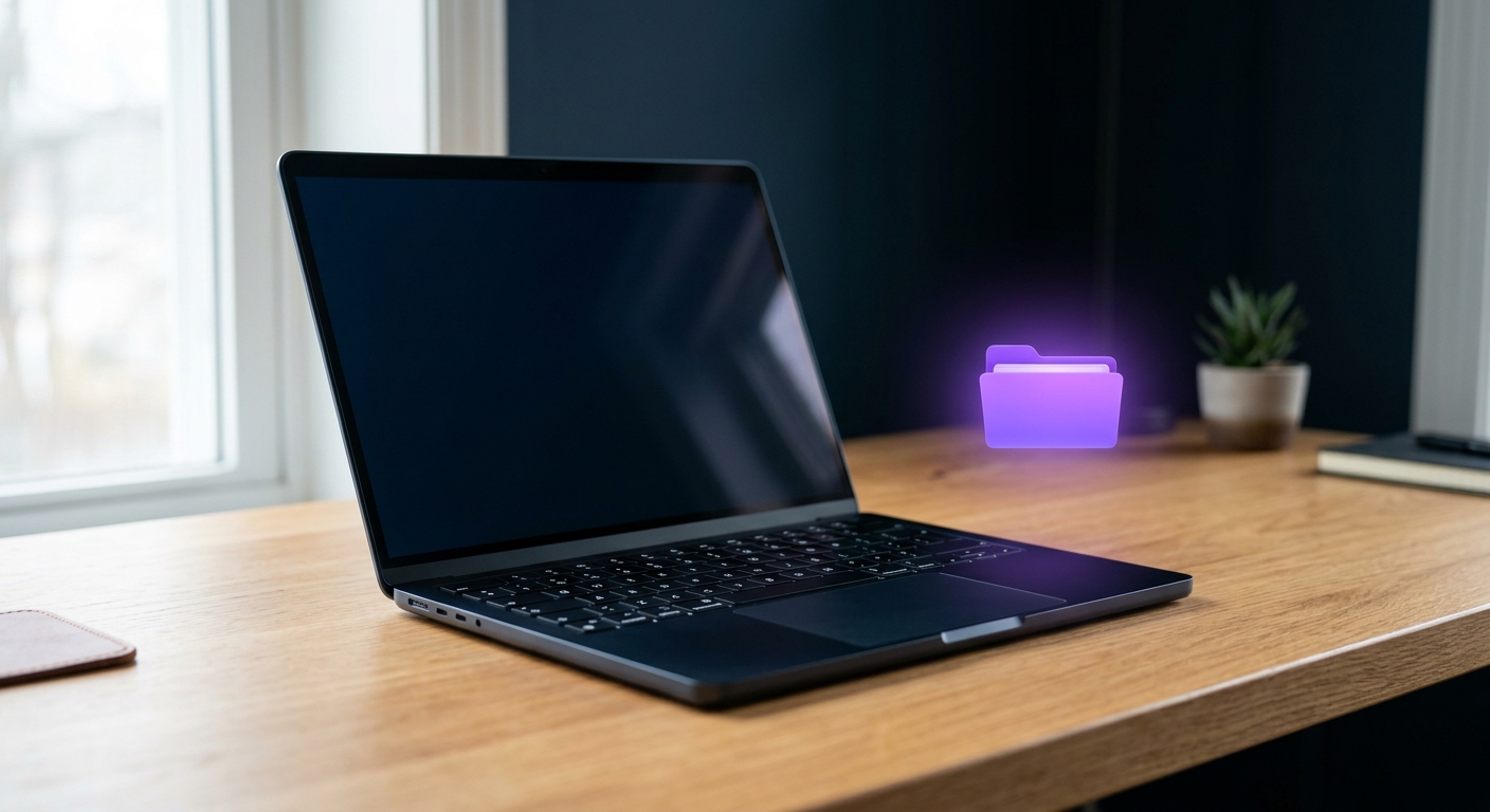 Открытый MacBook на чистом столе с парящим фиолетовым файлом на тёмном фоне