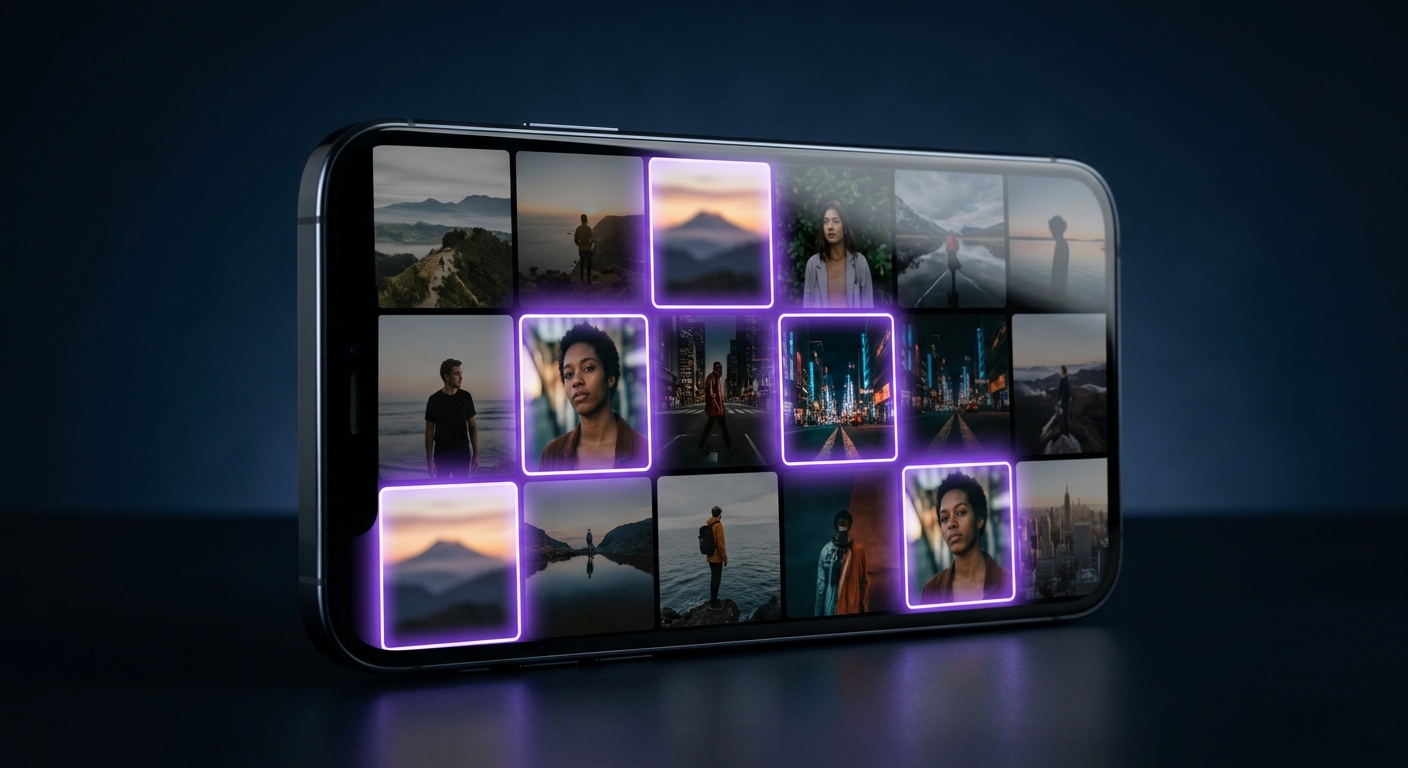 Смартфон с открытой галереей фотографий, некоторые из которых подсвечены фиолетовым светом